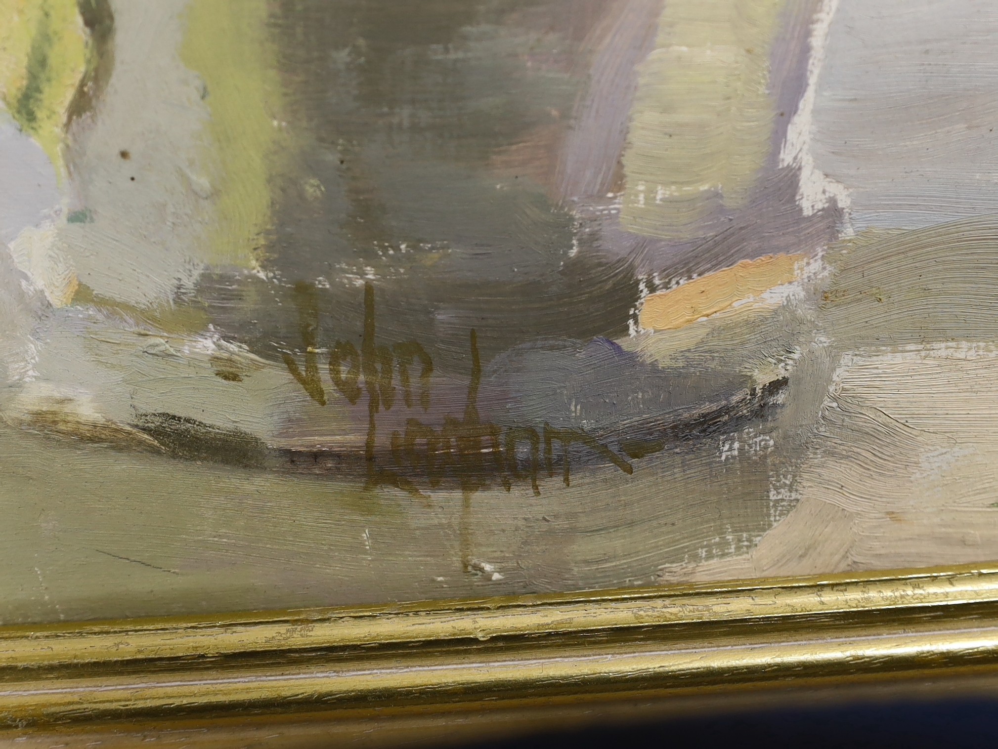 Modern British, oil on board, Pot plants with garden beyond, singned John?, 37 x 60cm